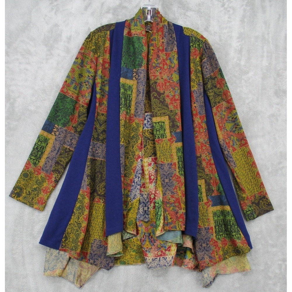 Soft Surroundings Blouse Medium Kimono Patchwork Bohemian Satin Knit Boxy Sheer